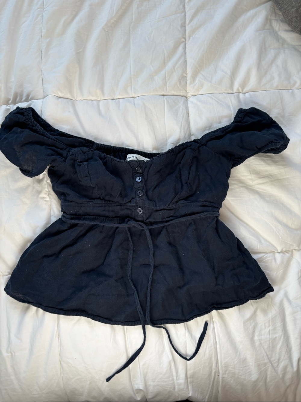 Hollister Navy Off-Shoulder Peplum Tie-Waist Top